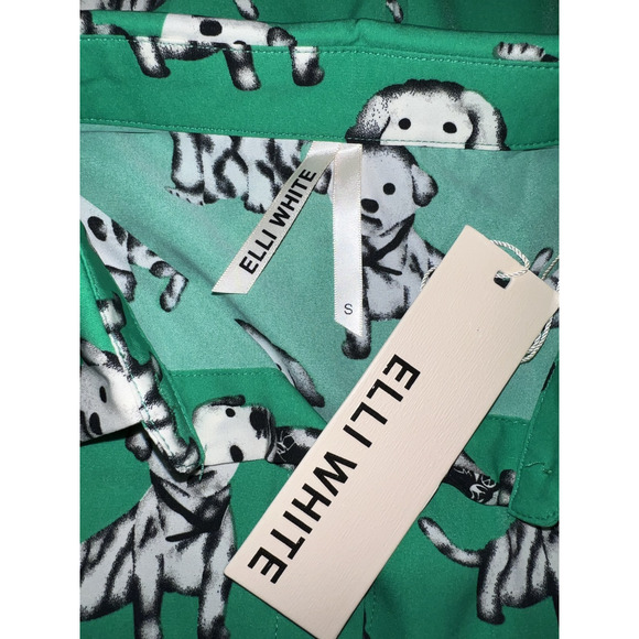New Elli White Top Women's Size S Green Dog Print Button Shirt Collared Novelty - Picture 8 of 10